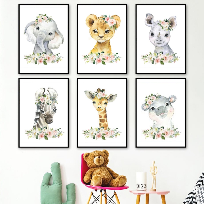Animals Baby Nursery - Cetakan Kanvas Hewan Hutan Bunga Dekorasi