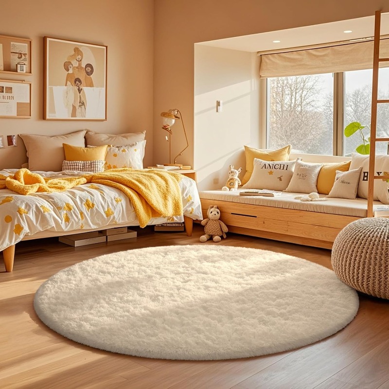 Soft Rug Nursery - Karpet Bulat Putih Krim Lembut Berbulu