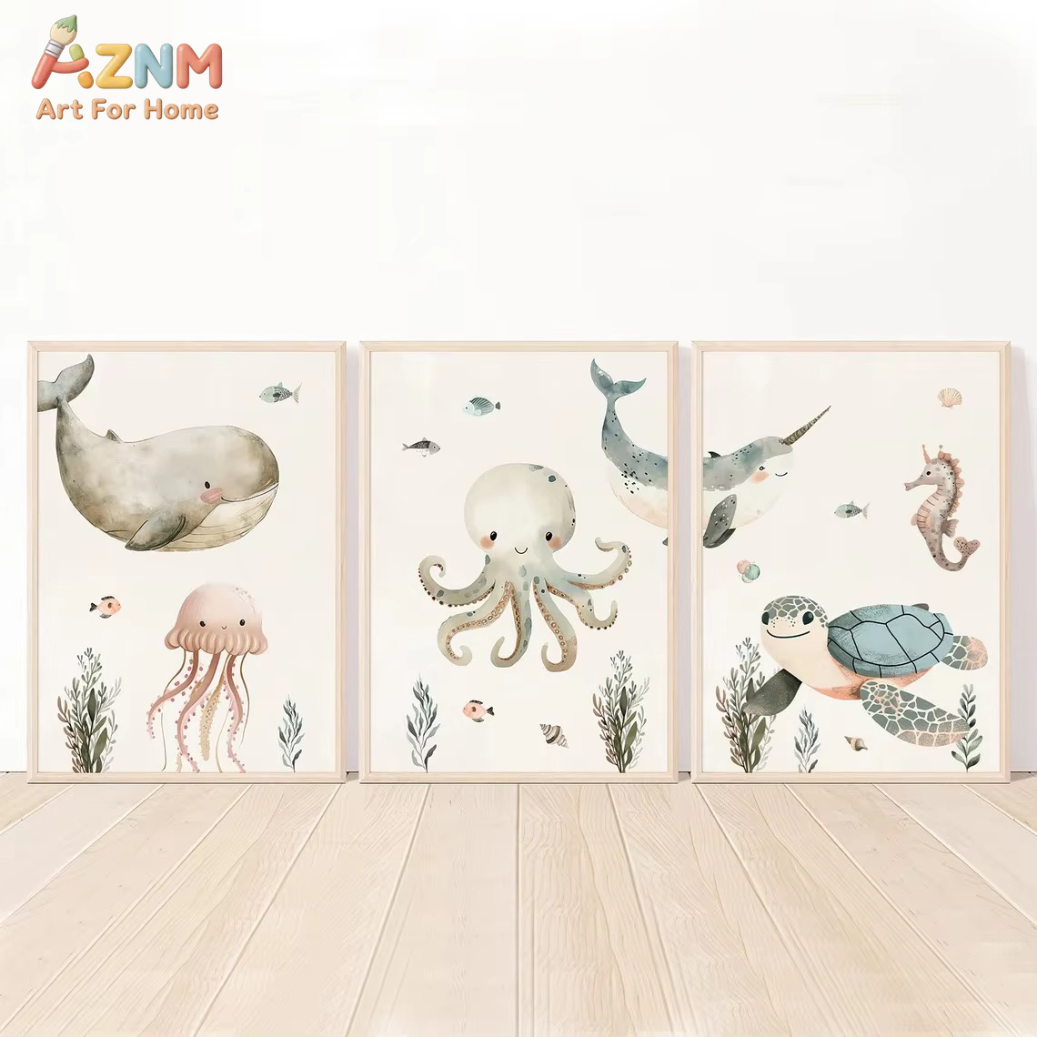 Animals Baby Nursery - AZNM Lukisan Kanvas Hewan Laut Lucu