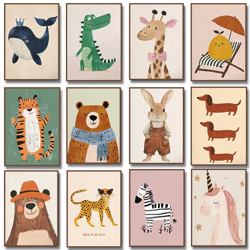 Baby Nursery Pictures - Poster Ilustrasi Hewan Lucu Lukisan Kanvas