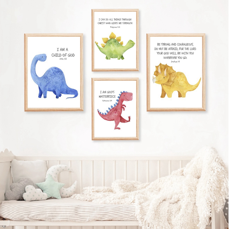 Baby Nursery Quotes Wall Art - Anak Ayat Alkitab Kutipan Cetakan Dinosaurus