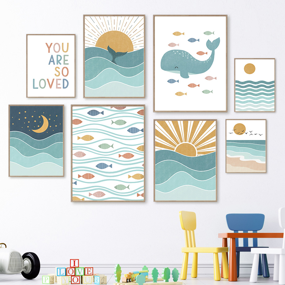 Baby Nursery Quotes Wall Art - (Lukisan Kanvas 2D) Ikan Paus Burung