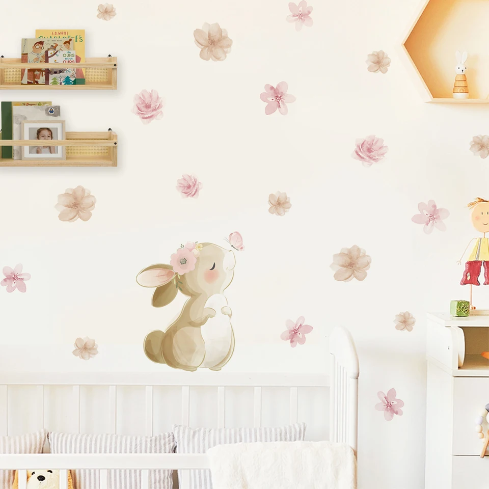 Wall Decal Nursery - Stiker Dinding Motif Bunga Kelinci Kupu-kupu