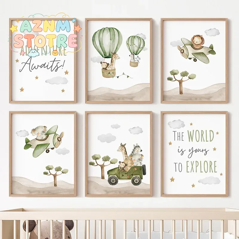 Animals Baby Nursery - Lukisan Kanvas Poster Hewan Balon Udara