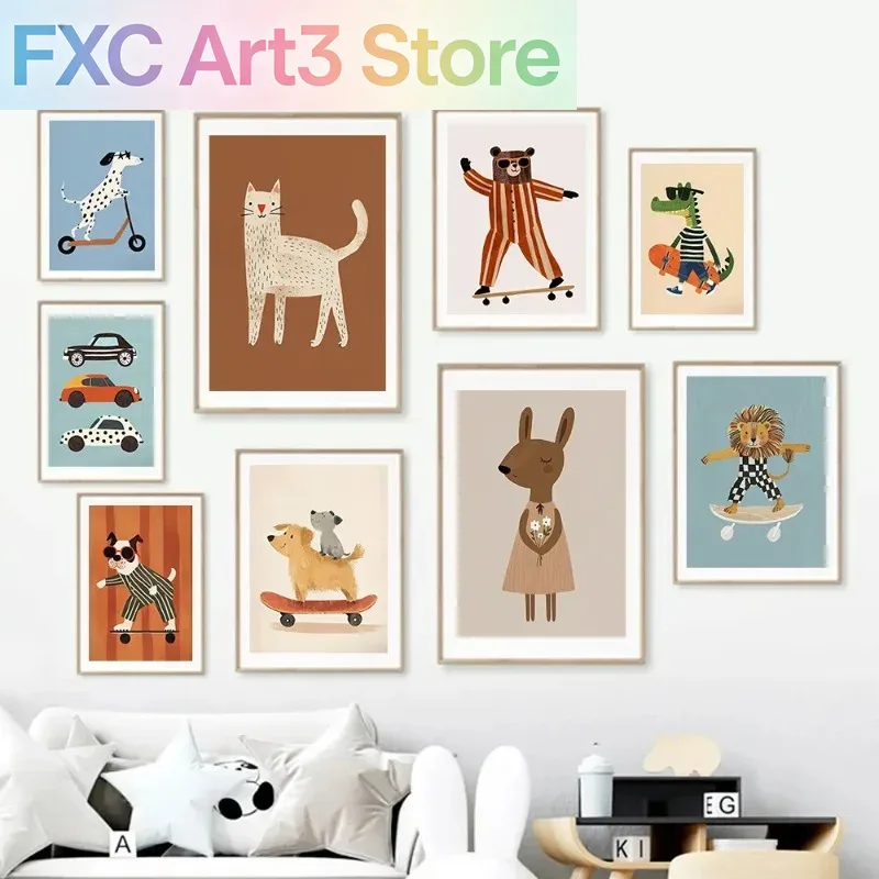 Animals Baby Nursery - 1 Buah Poster Skateboard Kucing Anjing
