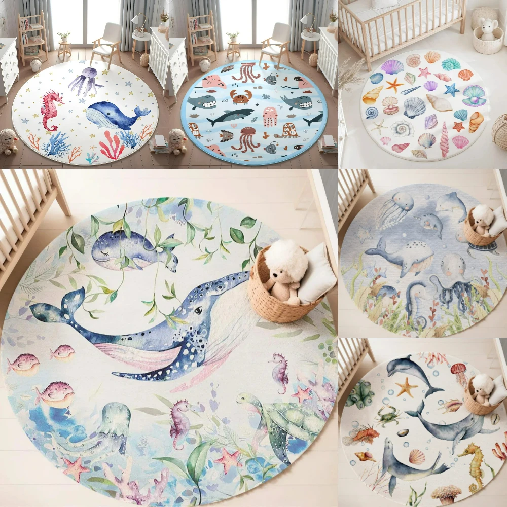 Soft Rug Nursery - Karpet Bulat Motif Hewan Laut Biru